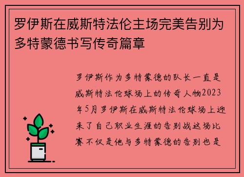罗伊斯在威斯特法伦主场完美告别为多特蒙德书写传奇篇章