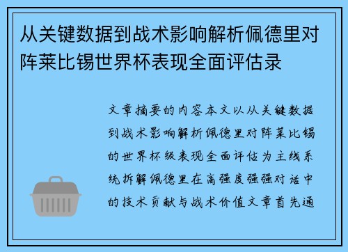 从关键数据到战术影响解析佩德里对阵莱比锡世界杯表现全面评估录 从关键数据到战术影响解析佩德里对阵莱比锡世界杯表现全面评估录
